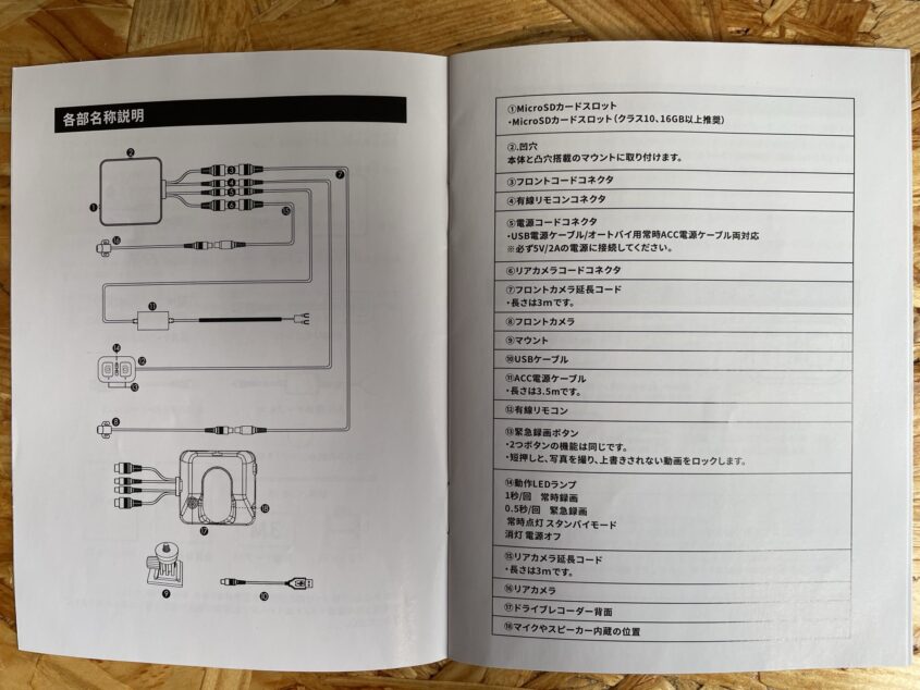 Motocam バイク用ドライブレコーダー 前後防水カメラ取説